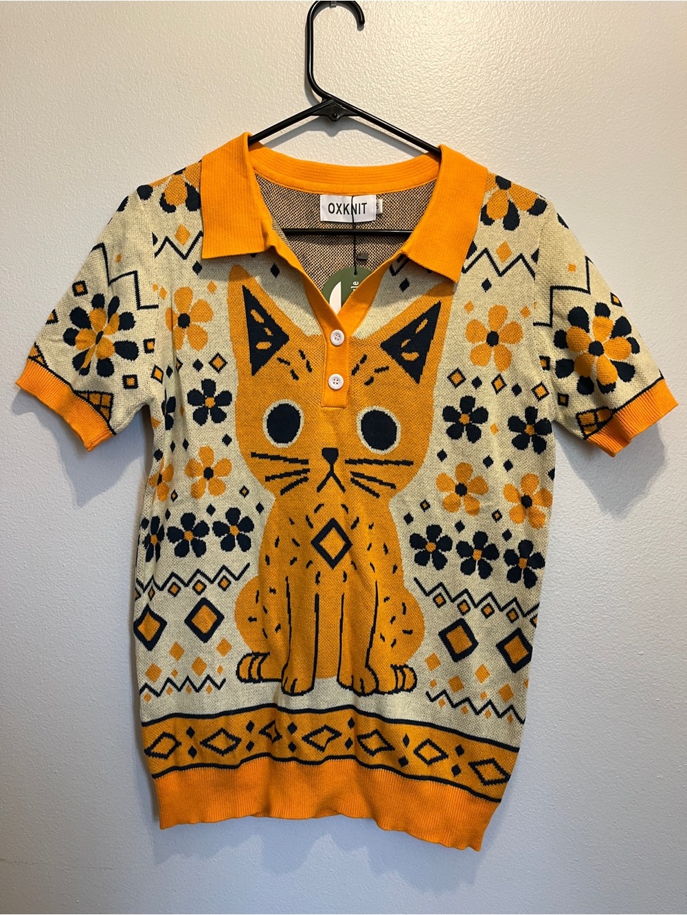 Oxknit Orange Cat Collared Sweater Shirt NWT Small